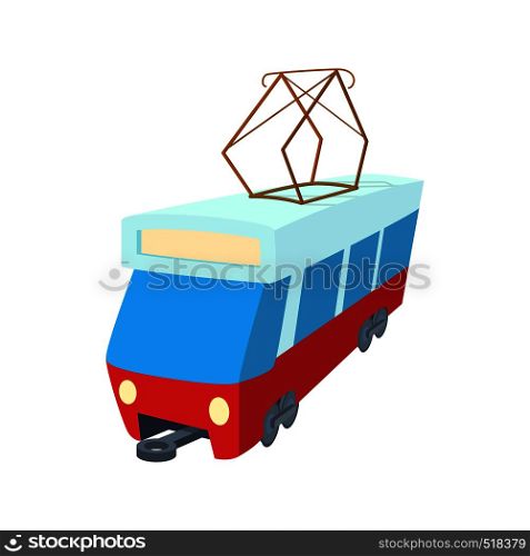Red tram icon in cartoon style on a white background. Red tram icon, cartoon style