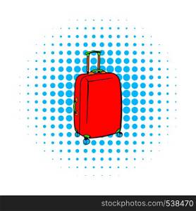 Red travel suitcase icon in comics style on a white background. Red travel suitcase icon, comics style