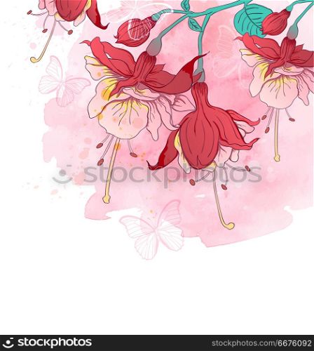 Red tropical flowers and butterflies on a pink watercolor background. Hand drawn vector illustration. Red tropical flowers and butterflies