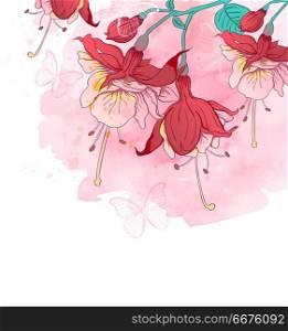 Red tropical flowers and butterflies on a pink watercolor background. Hand drawn vector illustration. Red tropical flowers and butterflies