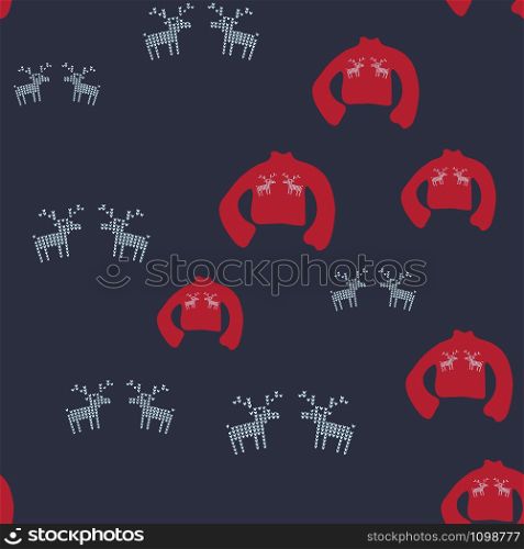 Red ugly sweater with blue reindeer seamless pattern. Festive knitted jumper endless design. Holiday decor, winter knitted woolen clothes. Colorful vector illustration in flat cartoon style.. Red ugly sweater with blue reindeer seamless pattern.