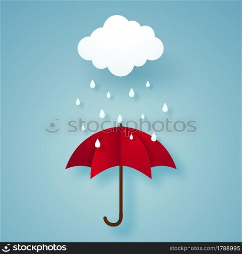 red umbrella with rain, rainy season, paper art style