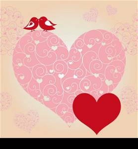 Red Valentine lovebird pink heart greeting card