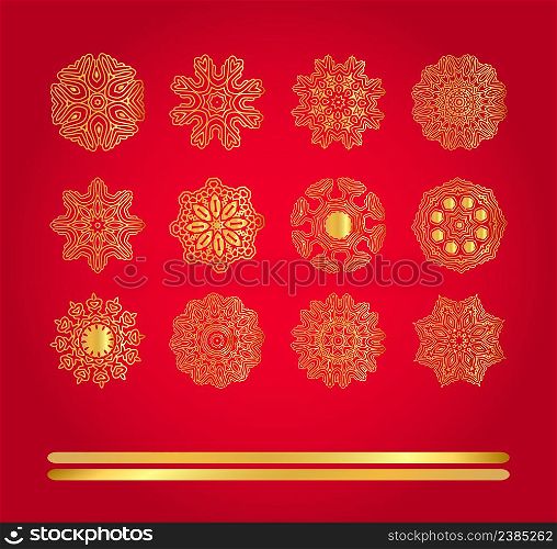 Red vector background with gold christmas stars. Snowflake Christmas vector decoration set.