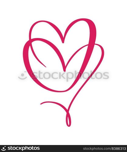 Red vector calligraphy two hearts love sign one line. Romantic valentine day symbol linked, passion and wedding. Template for t shirt, card, poster. Design flat illustration.. Red vector calligraphy two hearts love sign one line. Romantic valentine day symbol linked, passion and wedding. Template for t shirt, card, poster. Design flat illustration