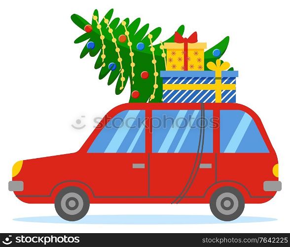 Red vehicle rides on road. Red car on street with fir tree and gifts on roof. People prepare for christmas celebration. Festive garland on evergreen plant, holiday presents in boxes. Vector in flat. Red Car with Fir and Boxes on Roof, Xmas Preparing