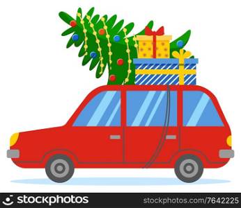 Red vehicle rides on road. Red car on street with fir tree and gifts on roof. People prepare for christmas celebration. Festive garland on evergreen plant, holiday presents in boxes. Vector in flat. Red Car with Fir and Boxes on Roof, Xmas Preparing
