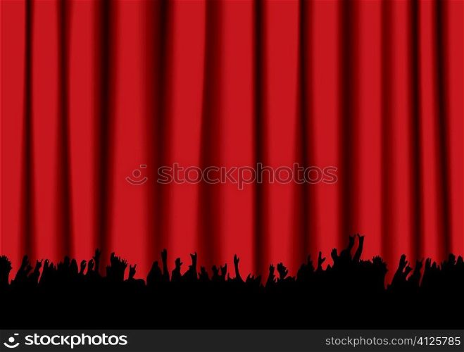 Red velvet concert stage curtain and silhouette of crowd hands