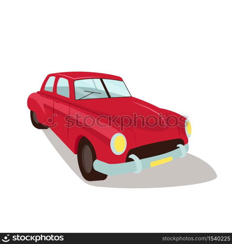 Red vintage car flat color vector object. Old fashioned obsolete automobile. Antique auto rent and repair service isolated cartoon illustration for web graphic design and animation. Red vintage car flat color vector object