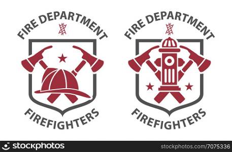 Red vintage fireman pictograms in grey shield