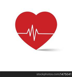 Red, volumetric heart on a white background with a white cardiogram sign. Vector illustration. Stock Photo.