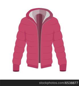 Red warm down jacket icon. Unisex everyday clothing in casual style for cold weather flat vector illustration isolated on white background. For clothing store, fashion concept, app button, web design. Unisex Down Jacket Flat Style Vector Illustration. Unisex Down Jacket Flat Style Vector Illustration