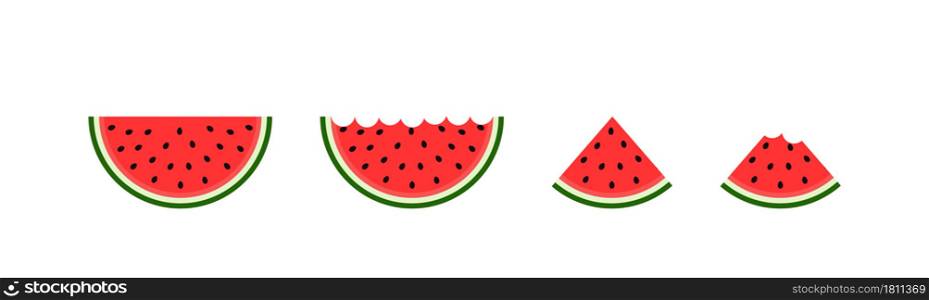 Red watermelon. Half, quarter and slice of watermelon. Cartoon icon of water melon. Cut of piece of fruit. Summer plant isolated on white background. Logo for food, juice and freshness. Vector.. Red watermelon. Half, quarter and slice of watermelon. Cartoon icon of water melon. Cut of piece of fruit. Summer plant isolated on white background. Logo for food, juice and freshness. Vector