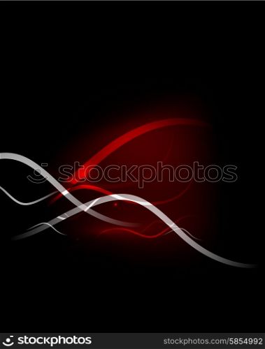 Red wave in dark space, dynamic energy background with copyspace. Vector illustration. Abstract background
