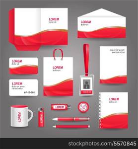 Red wavy abstract business stationery template for corporate identity and branding set vector illustration