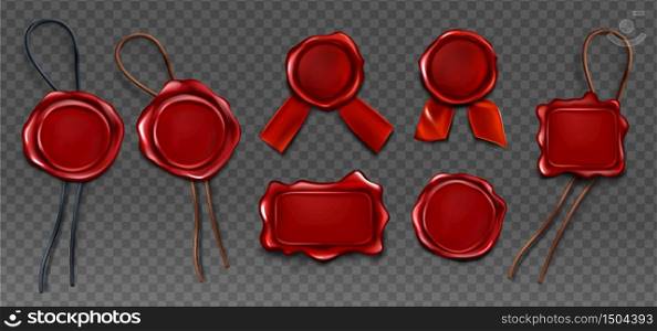 Red wax seal stamp approval sealing. Quality guarantee blank retro postal label with ribbon and rope.Royal insignia or signature for letter or document secure and verify, Realistic 3d vector icons set. Red wax seal stamp approval sealing icons set