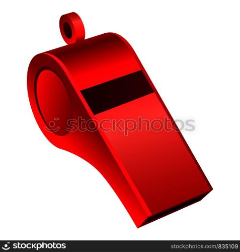 Red whistle mockup. Realistic illustration of red whistle vector mockup for web design isolated on white background. Red whistle mockup, realistic style