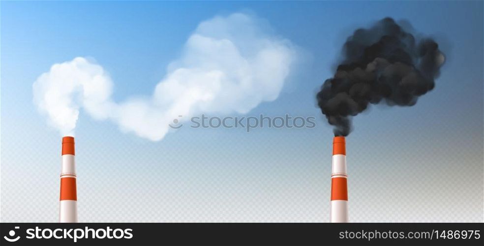 Red white chimneys with smoke, pipes with steam set. Industrial smog clouds, factory or plant flues isolated on blu sky background, environmental air pollution concept realistic vector. Red white smoke chimneys, realistic stack pipes
