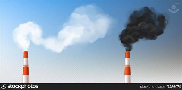 Red white chimneys with smoke, pipes with steam set. Industrial smog clouds, factory or plant flues isolated on blu sky background, environmental air pollution concept realistic vector. Red white smoke chimneys, realistic stack pipes