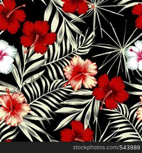 Red white hibiscus flowers on a black and white background of leaves. Seamless vector beach wallpaper pattern