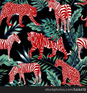 Red wild animal zebra, tiger, leopard, panther in the blue leaves jungle on the dark night background