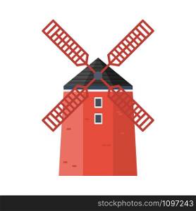 Red windmill. Cartoon vector illustration.