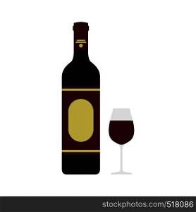 Red wine bottle and glass icon in flat style isolated on white background. Red wine bottle and glass icon, flat style