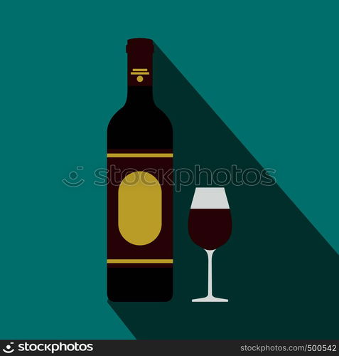 Red wine bottle and glass icon in flat style on a blue background . Red wine bottle and glass icon, flat style