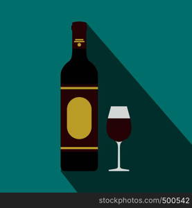 Red wine bottle and glass icon in flat style on a blue background . Red wine bottle and glass icon, flat style