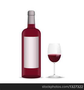 Red wine bottle and glass of wine isolated on white background Vector illustration.. Red wine bottle and glass of wine