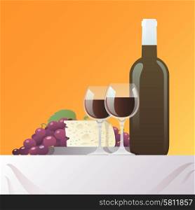 Red wine bottle and glasses with grape and cheese still life vector illustration. Wine And Cheese Still Life
