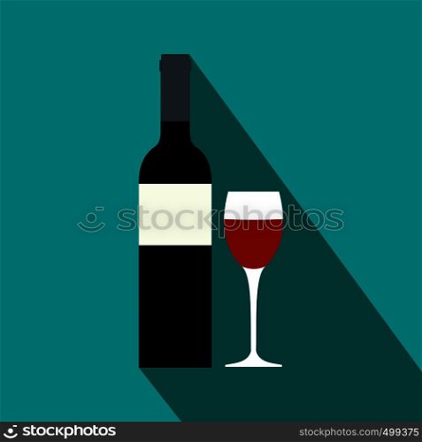 Red wine bottle icon in flat style on a blue background. Red wine bottle icon, flat style