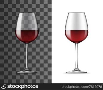 Red wine glass 3d realistic vector isolated mockup. Glossy, classic wineglass filled with cabernet, bordeaux, merlot or burgundy wine on transparent background. Restaurant luxury wine alcohol glass. Red wine glass 3d isolated realistic vector