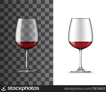 Red wine glass cup, vector 3D realistic mockup. Wineglass on short leg for sweet and dessert wines, alcohol drinks winery glassware isolated on transparent background. Realistic red wine glass, alcohol drink mockup