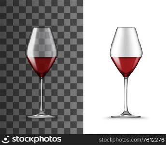 Red wine glass isolated 3d vector realistic mockup. Wineglass of rhombus bowl shape for sweet and dry wines, table glassware cup template, goblet on long thin leg for alcohol drink mockup. Red wine glass realistic 3d vector mockup