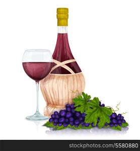 Red wine jar glass and grape bunch with leaves print vector illustration