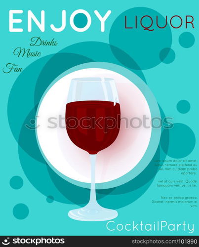 Red wine on blue circles.Cocktail illustration on bright contemporary flat background. Design for cocktail menu, bar poster, event invitation. Template for cocktail party.