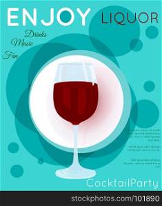 Red wine on blue circles.Cocktail illustration on bright contemporary flat background. Design for cocktail menu, bar poster, event invitation. Template for cocktail party.