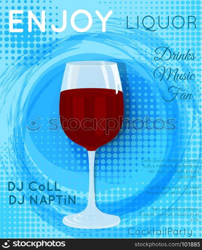 Red wine on blue grunge circle with halftone.Cocktail illustration on bright contemporary flat background. Design for cocktail menu, bar poster, event invitation. Template for cocktail party.