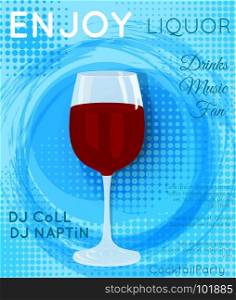 Red wine on blue grunge circle with halftone.Cocktail illustration on bright contemporary flat background. Design for cocktail menu, bar poster, event invitation. Template for cocktail party.