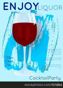 Red wine on blue grunge texture.Cocktail illustration on bright contemporary flat background. Design for cocktail menu, bar poster, event invitation. Template for cocktail party.