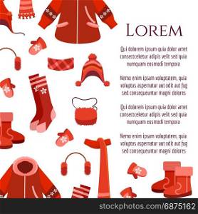 Red winter clothing and accessorises poster. White poster with red winter clothing and accessorises and boots, vector illustration