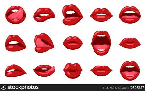 Red woman lips. Smiling lip, sexy shine impudent mouth. Female kissing, closeup face parts. Isolated cartoon girly retro patches, garish vector set. Illustration of smile red lips, open mouth. Red woman lips. Smiling lip, sexy shine impudent mouth. Female kissing, closeup face parts. Isolated cartoon girly retro patches, garish vector set