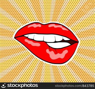 red woman sweet lips in pop art retro comic style on stripped and dot background