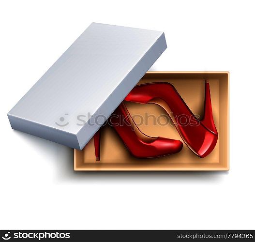 Red women shoes with high heels in white box realistic vector illustration. Shoes In Box Realistic Set