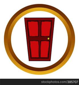 Red wooden door vector icon in golden circle, cartoon style isolated on white background. Red wooden door vector icon, cartoon style