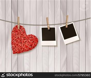Red wooden heart with photographs. Vector.