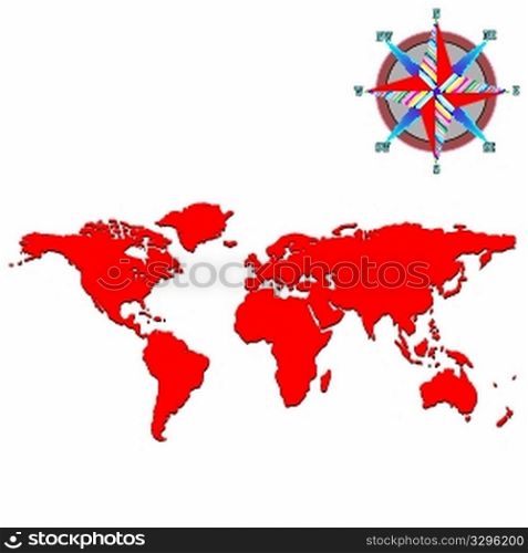 red world map with wind rose, vector art illustration