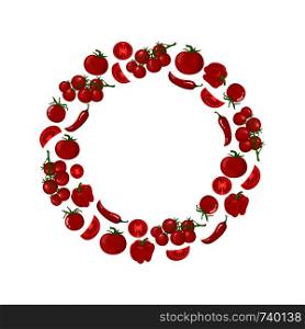 Red wreath from tomato, bell pepper, chilli pepper, cherry tomato. Fresh vegetables. Organic food. Vector illustration on white background.