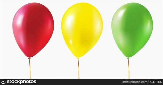 Red, yellow, green balloons in a realistic style isolated on white background. Ballons templates for birhdays, weddindgs, holidays. Vector.
